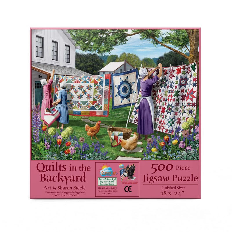 SUNSOUT INC - Quilts in The Backyard - 500 pc Jigsaw Puzzle by Artist: Sharon Steele - Finished Size 18" x 24" - MPN# 42077 - Image 1